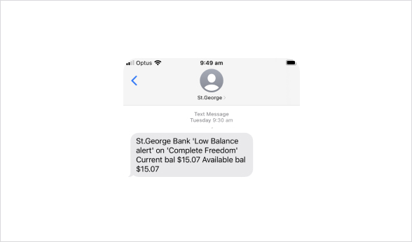 Screenshot of St.George alert SMS warning of low balance on 'Complete Freedom' account
